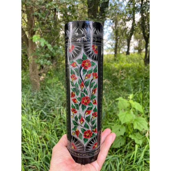 Vintage Pair Black Lacquer Wood Vases Red Etched Flowers 10" - Picture 3 of 16